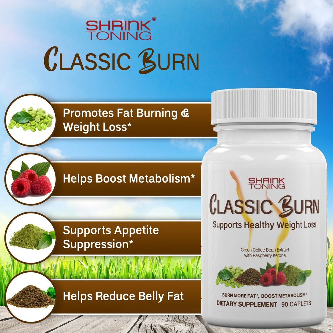 Shrink Classic Burn - Quad-Action Formula Pure Green Coffee Bean Extract, Yerba Mate, Green Tea and Raspberry Ketones with 45% Chlorogenic Acid - 90 Capsules for Maximum Weight Management Support (Copy)